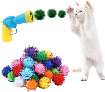 Dorhui Cat Toy Gun Launcher - 30 Pcs Sparkle Pom Pom Balls and Ball Launcher, Fetch Toy Gun Shooter, Interactive Glitter Balls for Indoor Cats and Kitty Gifts