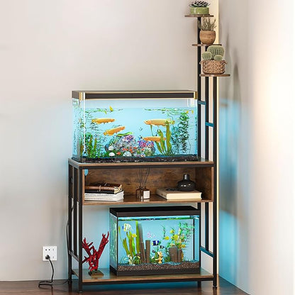 Aquarium Stand with Plant Shelves,20-Gallon Fish Tank Stand with 2-Tier Storage and Display Racks,Metal Frame Reptile Tank Table with Tall Plant Holders,Industrial Rack for Home,Office