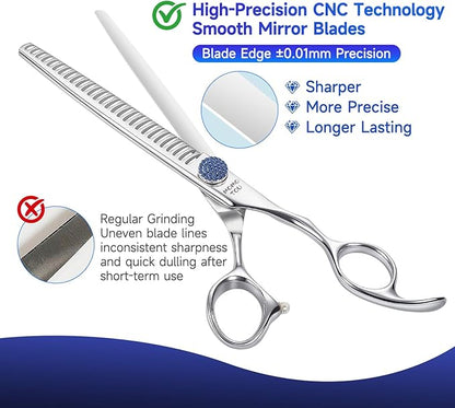 7'' Dog Grooming Scissors Set with Blue Diamond Adjustable Screws CNC 440C Stainless Steel Thinner Chunker Straight Curved Shears with Comb Sharp and Durable
