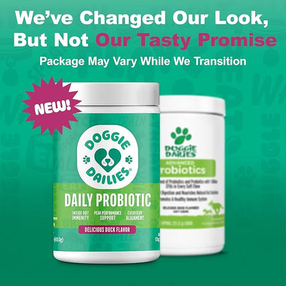 Doggie Dailies Probiotics for Dogs, Advanced Probiotics with Prebiotics, Promotes Digestive Health, Supports Immune System & Overall Health, Duck Flavor, 225 Chews