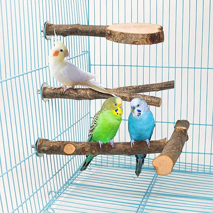 Allazone 4 PCS Natural Wood Bird Perch Stand, Bird Parrot Perch Stand Set, Wooden Parrot Perch Stand Perch Platform Cage Accessories for Parrotlets Cockatiels Budgies Parakeets