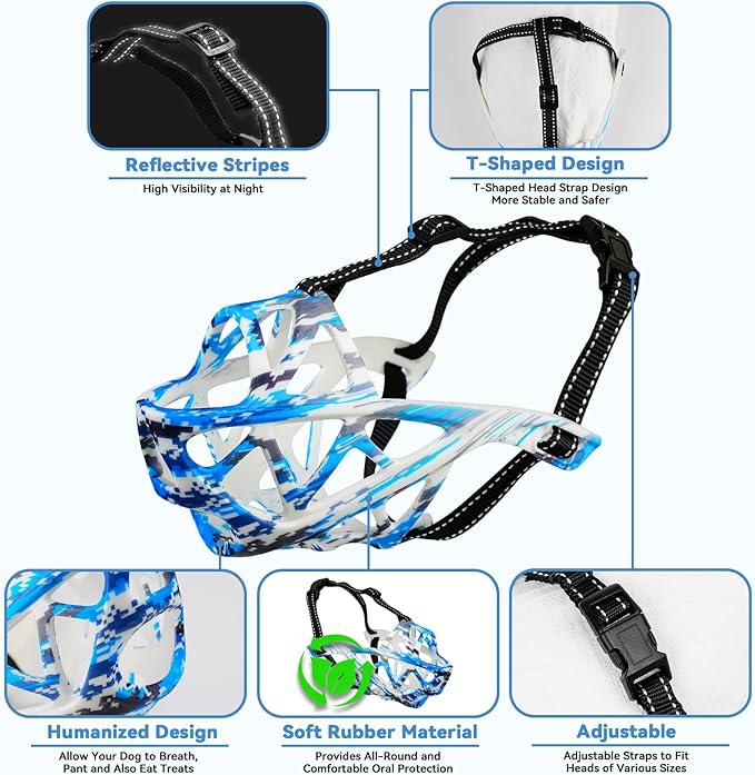 Dog Muzzle for Large Dogs, Medium and X-Large Aggressive Dog, Breathable Basket Muzzles, Suitable for Grooming Trimming Training, Allows Panting Drinking (Camouflage Blue, M)