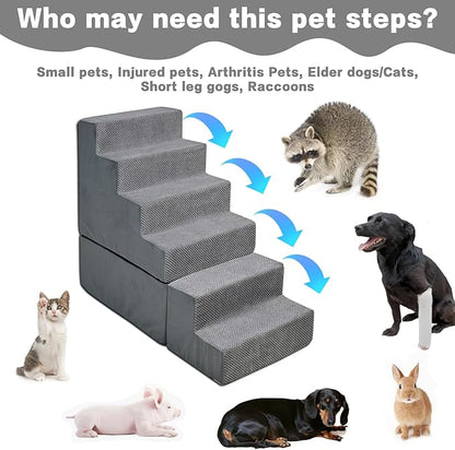 Dog Steps for High Beds 30-32" H - 6-Step Dog Stairs for Small Dogs, 33D Foam Pet Steps for High Bed with Non-Slip Bottom and Washable Cover, Dogs Ramp for Bed Indoor, Grey