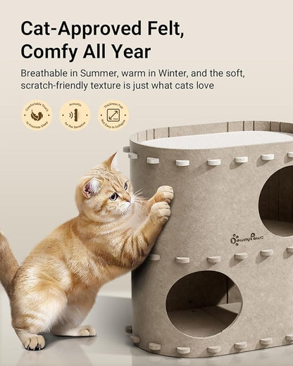 DownyPaws Cat House for Indoor Cats, 2-Storey Foldable Cat Bed Cave, Felt Cats Tunnel Bed Condo, Castle Kitten Cube Hideaway for Multicats, Scratch Resistant, Cream
