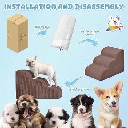 Dog Steps for Small Dogs, 3-Step Pet Ramp Stairs for High Beds and Sofa, Non-Slip Pet Stairs for Small Dogs and Cats, Removable and Easy to Clean Cover, Coffee