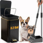 Dog Poop Trash Can Outside Stainless Steel - Metal Pooper Scooper Set - 12L Dog Waste Trash Can Outdoor with Pedal - Backyard, Yard - Removable Inner Bin, Long Handle Tray and Rake - Black and Gold