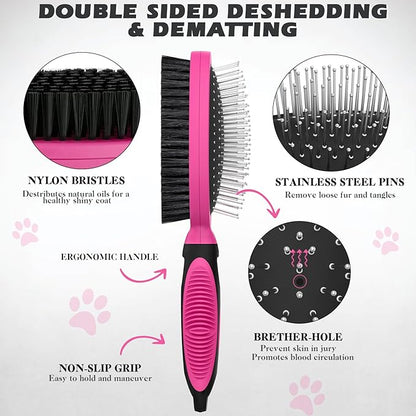 2PCS Pet Grooming Tools - Double-Sided Brush for Shedding and Bathing, Suitable for Short/Long Haired Dogs Cats and Horses, Deshedding Dog Brush, Mane & Tail Combs for Horses - Pet Supplies (Pink)