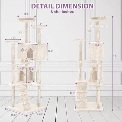 70 Inches Cat Tower for Indoor Cats Multi-Level Cat Condos XL Cat Tree Climbing Tower with Scratching Posts, Hanging Toys, Beige