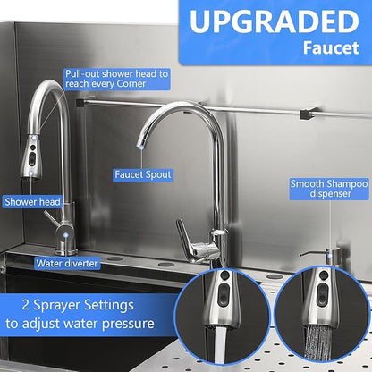 50" Dog Washing Station, Professional Stainless Steel Pet Dog Bathing Station with Ramp, Faucet, Storage Drawer, Floor Grate Dog Bathtub for Large, Medium, Small Pets (Left Ramp)