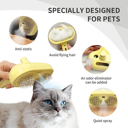 3 In 1 Steamy Brush with Release Button and Tank, Anti-Static Pet Brush for Long and Short Hair Pets to Remove Tangles and Loose Fur (Yellow)