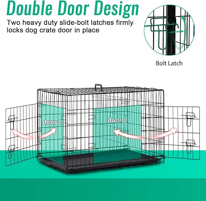 FDW Dog Crate for Large Dogs 42 Inch Folding Metal WirePet Cage Double Door W/Divider Panel Indoor Outdoor Kennel Leak-Proof Plastic Tray,Black