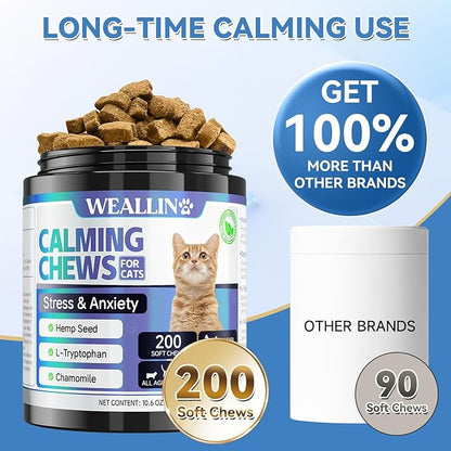 200 PCS Cat Calming Treats, Calming Treats for Cats Help to Manage Stress & Anxiety, Calming Aid for Cats with Hemp Seed Powder Chamomile Melatonin for Cat Anxiety Relief, Separation, Travel, Storms