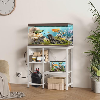 20-29 Gallon Fish Tank Stand with Power Outlet & LED Light, Metal Aquarium Stand with 3 Tier Adjustable Storage Shelves, Tank Stand for Reptile Tank, Turtle Tank, 30.7" L*13.8" W, White