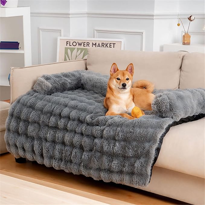 FUNNY FUZZY Pet Fluffy Plush Calming Dog Couch Bed Sofa Protector Washable Pets Mat for Large Medium Small Dogs and Cats (Grey,47.24 × 37.4 × 6.3 in)