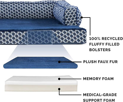 Furhaven Memory Foam Dog Bed for Large Dogs w/ Removable Bolsters & Washable Cover, For Dogs Up to 125 lbs - Plush & Woven Decor Comfy Couch Sofa - Diamond Blue, Jumbo Plus/XXL