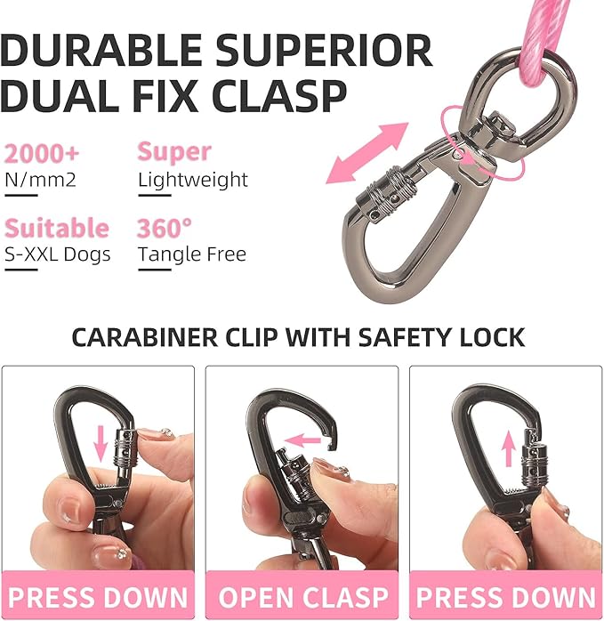 Dog tie Out Cable, 10/20/25/30/50/70/100 feet, Suitable for Dogs up to 350 pounds, Dog Cable with Swivel Buckle, Lightweight, Non-Winding, for Outdoor Camping, Yard Dog Cable (Pink, 70FT)