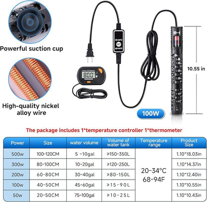 Aquarium Heater Submersible Fish Tank 100W& Turtle Tank Heater with External Adjustment Controller, Included Thermometer, LED Display, Overheat Protection, Detachable Cover, for Saltwater&Freshwater