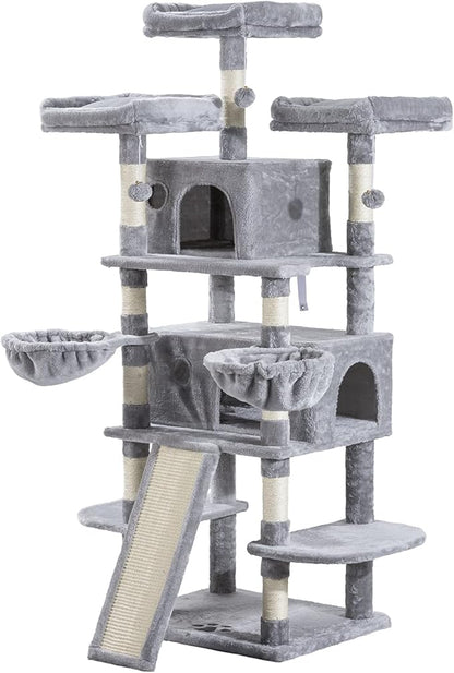 Allewie 68 Inches Cat Tree/House and Towers for Big Feline/Scratching Post/Multi-Level Large Kitty Climbing Tree with Condo/Light Grey
