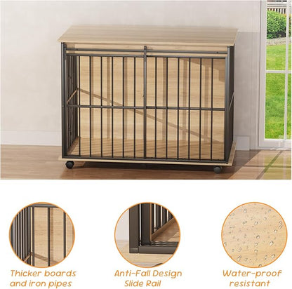 43.7" Dog Crate Furniture, XL Dog Crate Dog Kennel Indoor with Wheels for Large Medium Small Dogs, Wooden Dog Kennel End Table with Sliding Door Wooden Furniture Crates for Living Room, Bedroom