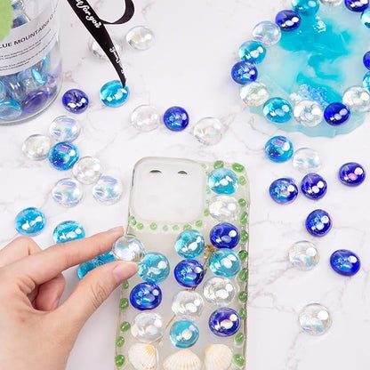 FUTUREPLUSX 1LB Iridescent Flat Glass Marbles, Blue Mixed Glass Beads Vase Fillers Decorative Gem Pebbles Sparkling Floral Fish Tank Rocks for Vases Table Scatter Aquarium Decor DIY Craft