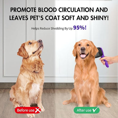 3 PCS Dog Grooming Brush Kit – Self Cleaning Slicker Brush for Shedding Short & Long Haired Dogs & Cats. Removes Loose Fur, Undercoat, Mats, Tangles for Small, Medium & Large Pets. Purple