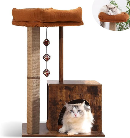 FUKUMARU Cat Scratching Post, Modern Style Cat Tree with Unique Square Post, Wooden Cat Tower with silvervine Balls, Retro Cat Condo Scratcher for Indoor Cats（Solid Wood）