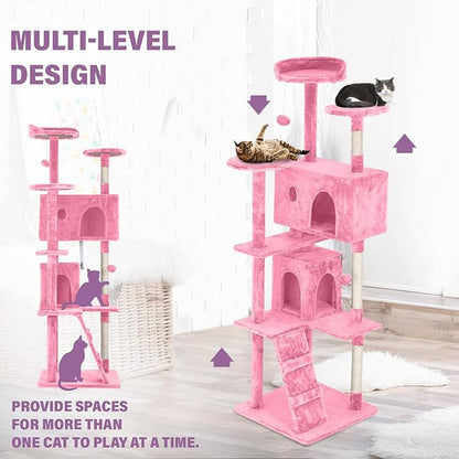 70 inches Cat Tower for Indoor Cats Multi-Level Cat Condos for XL Cat Tree Cat Climbing Tower with Scratching Posts, Hanging Toys,Pink