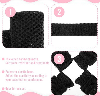4Pcs Cat Shoes, Anti Scratch Cats Claw Covers, 3.62×1.57 Inches Breathable Mesh Nail Caps for Cats Claws, Adjustable Cat Mittens for Pet Bathing Feeding Cutting Nails(Black)