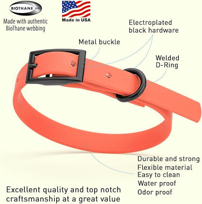 Dogline Biothane Waterproof Dog Collar Strong Coated Nylon Webbing with Black Hardware Odor- Proof for Easy Care Easy to Clean High Performance Fits Small Medium or Large Dogs, Coral