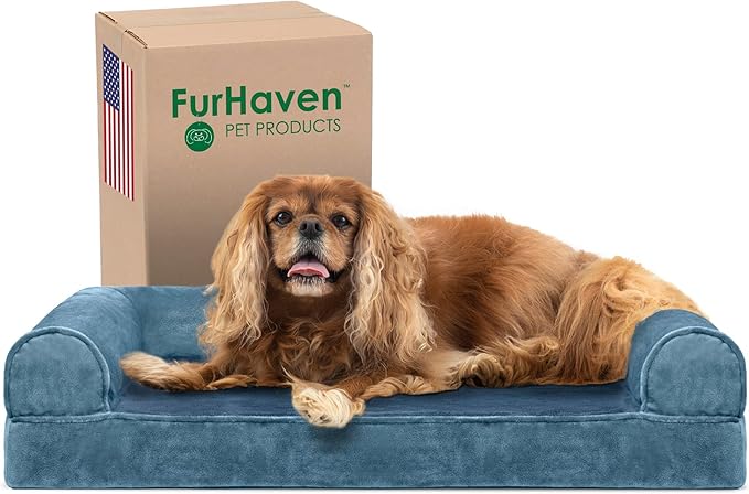 Furhaven Cooling Gel Dog Bed for Medium/Small Dogs w/ Removable Bolsters & Washable Cover, For Dogs Up to 35 lbs - Faux Fur & Velvet Sofa - Harbor Blue, Medium