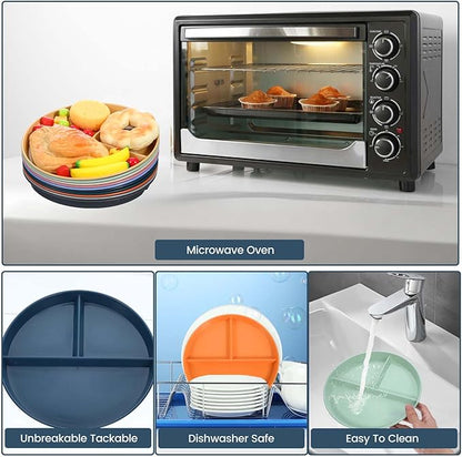 10 Pcs Unbreakable Divided Plates for Kids Adults, 9 Inch Round Portion Control Plate, 3 Compartment Plates with Dividers, Lightweight Reusable Dinnerware Portion Control Plastic, Dishwasher Safe