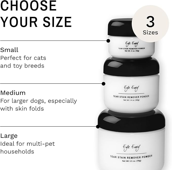 Eye Envy Tear Stain Remover Powder for Dogs and Cats. 100% Natural, Safe. Apply Around Eyes. Absorbs and Repels Tears. Keeps Area Dry. Treats The Cause of Staining. Made in The USA. (.5 oz)