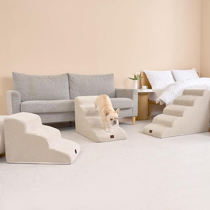 EHEYCIGA Curved Dog Stairs Ramp for Small Dogs 15.7" H, 3-Step Dog Steps for Couch Sofa and Chair, Pet Stairs for Cats, Non-Slip Balanced Pet Steps Indoor, Beige