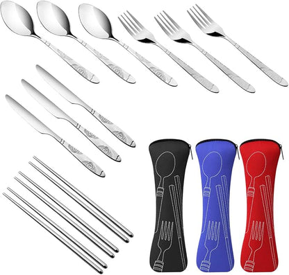 3 Pack Reusable Flatware Sets Knife, Fork, Spoon, Chopsticks, 12Pcs Portable Travel Stainless Steel Tableware Dinnerware with Carrying Case