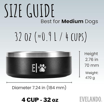 EVELANDO® Premium Dog Food Bowl 32 oz Stainless Steel 4 Cups Small Medium Dog Bowls Non Slip & BPA-Free S M L Pet Water Bowl Platos para Perros Indoor Outdoor Pet Dish Feeder Water and Food Dish