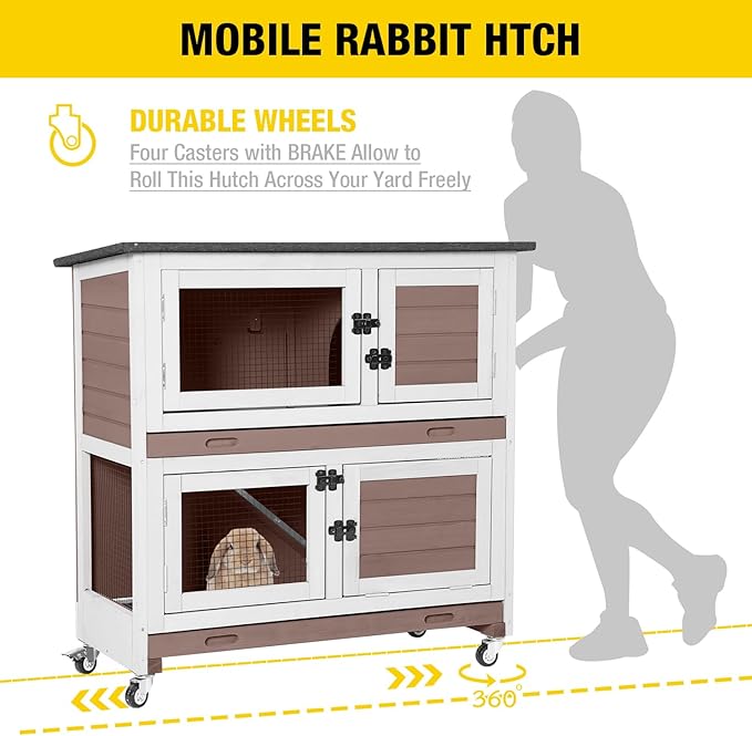 AIVITUVIN Wooden Rabbit Hutch Indoor Outdoor Rabbit Cage with Two Removable Trays Bunny Cage on Wheels Pet House Guinea Pig Cage 2 Story (Brown)