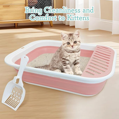 Fhiny Cat Litter Box Portable Shallow Litter Box 17.7"x13.4"x4.9" Foldable Cat Toilet with Scoop Open Kitty Potty Pan with Litter Drop Pedal Easy to Clean Travel Kitten Toilet(Pink)