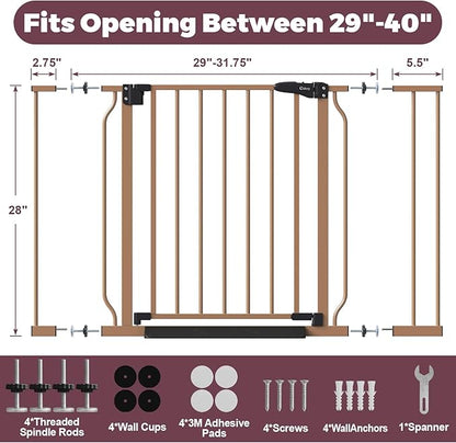 29"-40" Baby Gate for Stairs, Auto Close Stroller Friendly Dog Gate Indoor for Doorways, Pressure Mounted Baby Gate, Easy Walk Through Gate for Children & Pets, Brown