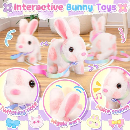 Easter Bunny Toys for Kids with Crossbody Bags, Easter Basket Stuffers Interactive Hopping Wiggle Ears Rabbit Toy, Pretend Play Robot Pet Care Cute Stuff for Girls Trip Plushies Birthday Gifts