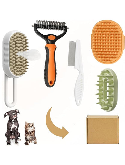 5 Pack Cat Steam Brush Kit - Pet Mist Water Brush for Dogs, Includes Steamy Brush, Undercoat Rake, Bath Brush, Flea Comb - Dynamic Dematting Tool
