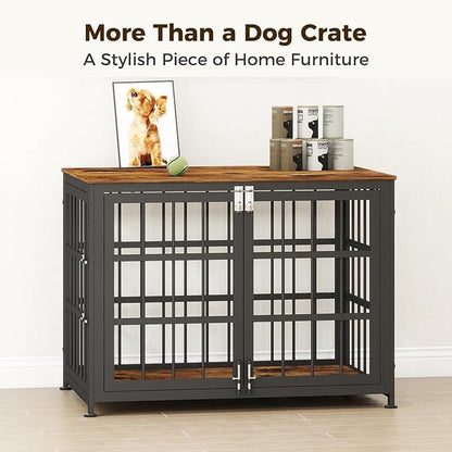 32 Inch Heavy Duty Wooden Dog Kennel End Table with Double Door Design and Secure Locks, Indoor Pet Crate Furniture for Medium Dogs, Decorative Home Cage Design,Aged Black