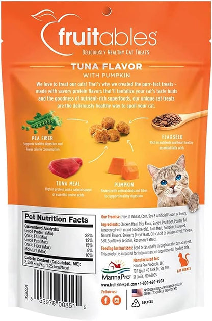 Fruitables Cat Treats, Healthy Treats For Cats, Low Calorie and Packed with Protein, Crunchy Biscuits, Free of Wheat, Corn and Soy, Made with Real Tuna and Pumpkin, 2.5oz