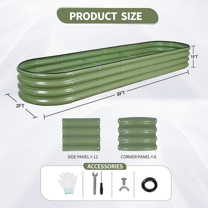 Galvanized Raised Garden Bed - 8x2x1FT Metal Planter Boxes Outdoor | Oval Steel Raised Bed Kit for Gardening with Protective Tape, Bracing Rods, Gloves for Vegetables, Flower, Herb (Green)
