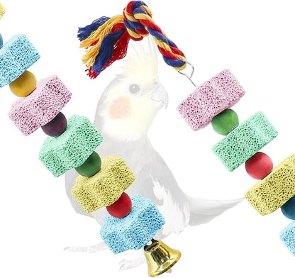 2 Pack Bird Chewing Toy, Colorful Parrot Beak Grinding Calcium Stone with Bells, Cage Accessories for Cockatiels Parakeets Parrots Budgies Lovebirds Rat Hamster Chinchilla Rabbit Bunny African Grey