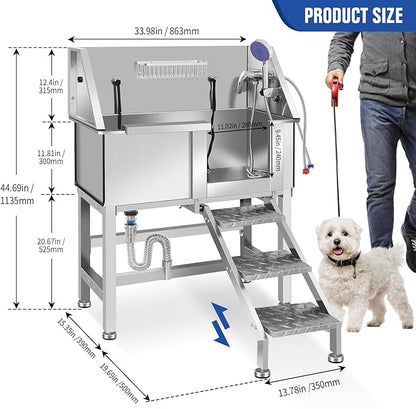 Dog Washing Station 38'' Stainless Steel Pet Grooming Tub for Large Dogs Over-Size Professional Dog Grooming Bathtub Station Wash Shower Sink Pet Grooming Bathtub Station