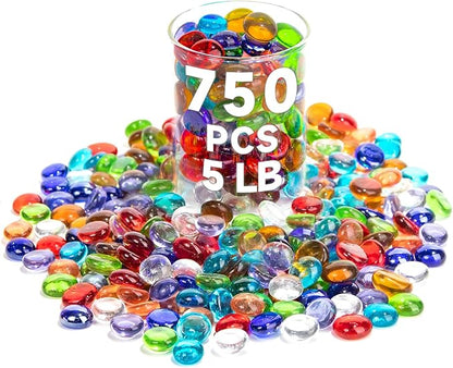 5 LB Mix Color Glass Beads, Mini Flat Glass Marbles~750PCS for Vases, Floral Bottom Mancala Gems Pebbles Fish Tank Rocks for Table Scatter Aquarium,Vase Fillers,Home Decorative Art Craft(0.5"~0.7")