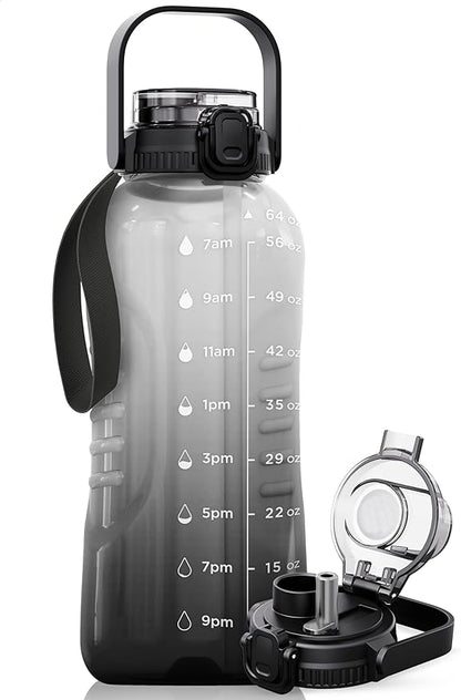 AQUAFIT 64 oz Water Bottle with Time Marker - 2in1 Straw & Chug Lid - BPA Free Big Water Bottle with Straw - Gym Water Bottle with Strap - Water Jug (64 Ounces, Midnight Gray)