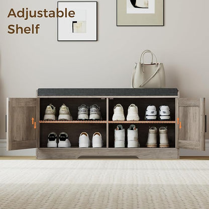 2-Tier Storage Bench, Shoe Bench with Thickened Padded Seat Cushion, Entryway Bench with 2 Doors, Adjustable Shelf, 13.8" D x 37.4" W x 18.5" H, for Entryway, Living Room, Bedroom, Greige