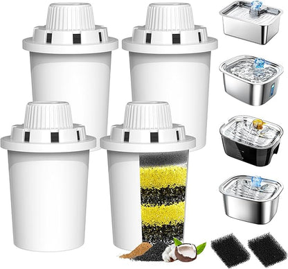Dog Water Fountain Filters Replacement 4 Packs, 2 Months Set of Replacement Filter with 2 Sponges for PETNF Large Pet Dog Water Fountain Bowl Dispenser, Compatible with D2341/D2223/D2322/D2419 Models