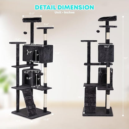 FDW Cat Tree 70in Cat Tower Multi-Level Durable Cat Scratching Post & Cozy Fun Cat Jumping Platform Space Saving Cat Condo Pet Play House for Indoor Cats,Dark Gray